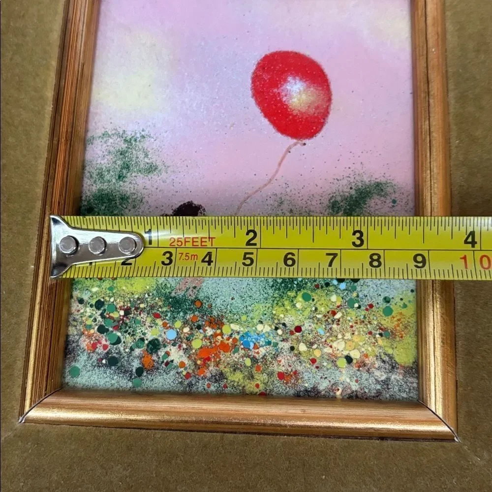 VNT LOUIS CARDIN SIGNED ENAMEL ON COPPER FRAMED PAINTING GIRL WITH RED BALLOON